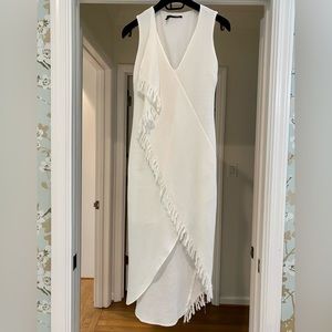 Obakki White Cotton Dress with Fringe accents